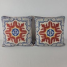 Summer Floral Pillows Pier 1 Crewel Embroidered Blue Gold Geometric 18&quot; Sq 2 Set - £36.81 GBP