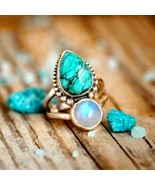 Boho Style Ring Inlaid Waterdrop Turquoise And Spherical Moonstone Match... - £23.41 GBP