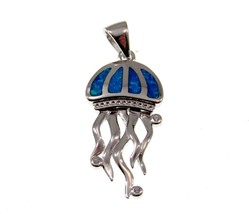 Solid 925 Sterling Silver &amp; Blue Lab Created Opal Jellyfish Sea Life Pendant - £21.16 GBP