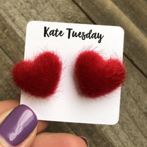 Red Fuzzy Heart Stud Earrings - £11.11 GBP