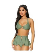 Criss Cross Bikini Set O Ring Strappy Peplum Skirt Cheeky Bottoms Sage 4... - $418.16 MXN