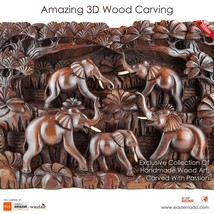 African Asia Elephants Handmade Carved Teakwood Wall Art Sculpture Decoration, W - £298.94 GBP