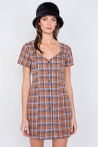 Brown Multi Checkered Stripe Casual Open Back Vintage Mini Dress S - £28.63 GBP