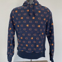 Champion Mens Small All Over Print Reverse Weave Pull Over Hoodie Navy &amp; Orange - £38.51 GBP