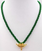 RARE VINTAGE ANTIQUE SOLID GOLD PENDANT AMULET NECKLACE IN GREEN BEADS I... - $665.25