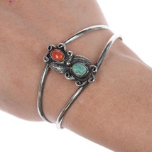 6 3/8&quot; vintage Native American silver, turquoise and coral cuff bracelet - £58.70 GBP