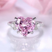 3 Ct Heart Simulated Pink Sapphire 14k White Gold Plated Engagement 3-Stone Ring - £65.11 GBP