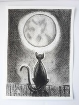 Halloween Black Cat Full Moon Looking For Love Charcoal On Paper Drawing - £6.15 GBP