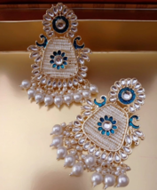 Indiano Placcato Oro Bollywood Stile Perla Orecchini Long Kundan Blu Gioielli Di - £37.62 GBP