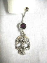 New Silver Deco Sugar Skull Charm On 14G Deep Purple Cz Belly Ring Navel Bar - £4.78 GBP