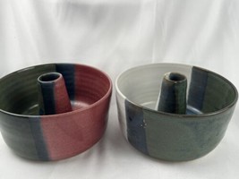 2 Handmade Pottery Bundt Cake Pans Rustic Multicolor Glaze Small 5.25” S... - $8.56