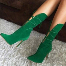 Sexy High Heels Green Boots For Women Lace Up Mid Calf Booties Pointed Toe Fashi - £60.90 GBP