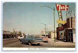Vintage Moses Lake Street View Turf Cafe Derby Room Cars Truck WA Postcard - $5.95