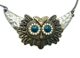 Two Tone Rhinestone Green Eyed Owl Collar Necklace - £10.27 GBP