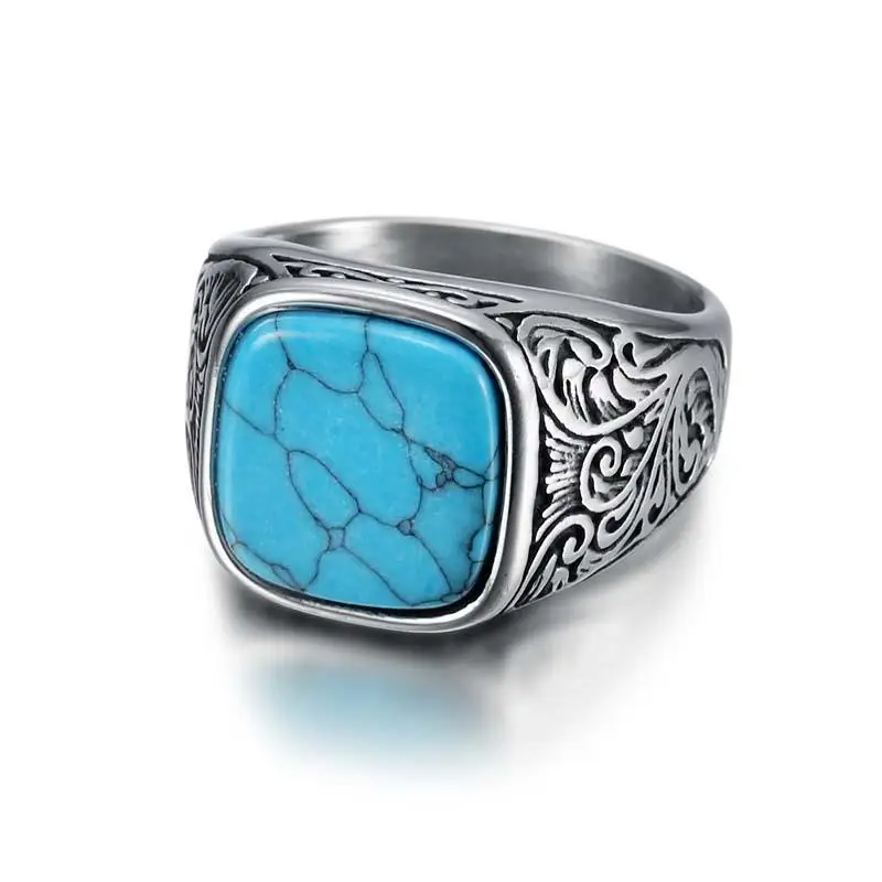 Trendy Square Turquoise Stone Men Ring Vintage Titanium Stainless Steel Seal Rin - £13.56 GBP