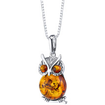 Sterling Silver Baltic Amber Owl Pendant Necklace - £67.23 GBP