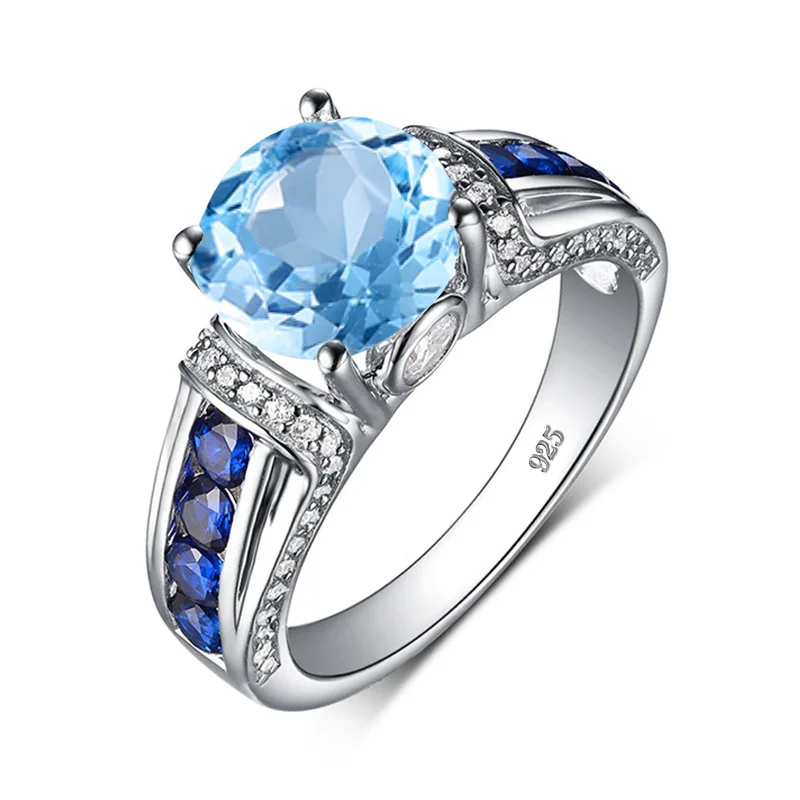 Sterling silver gem rings blue topaz S925 genuine gemstone jewelry Brand Round V - £42.13 GBP