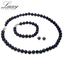 Fashion real  jewelry sets for women,8-9mm natural black  necklace sets,925 silv - £38.09 GBP