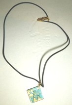 Gorgeous Blue & Gold Square Murano Glass Pendant Leather Cord Necklace - $13.10