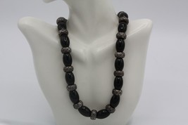 Retired Signed ZINA 925 Sterling Silver Black Onyx Beaded Necklace 17&quot; Long - £635.00 GBP