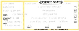 Vintage Aerosmith Ticket Stub Février 20 1994 Pittsburgh Civic Arena - £32.47 GBP