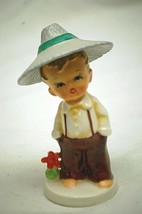 Vintage 1950s Japanese Boy Ceramic Figurine Blue Rice Hat Shadow Box She... - $17.81