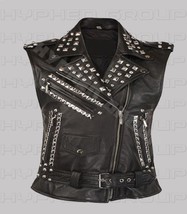 Women&#39;s Punk Rock Black Silver Studded Brando Unique Classic Biker Leather Vest - £183.84 GBP