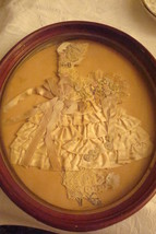 Antique framed trading Card decorated with silk ribbons, some old stains,10&quot;[c4] - £38.88 GBP