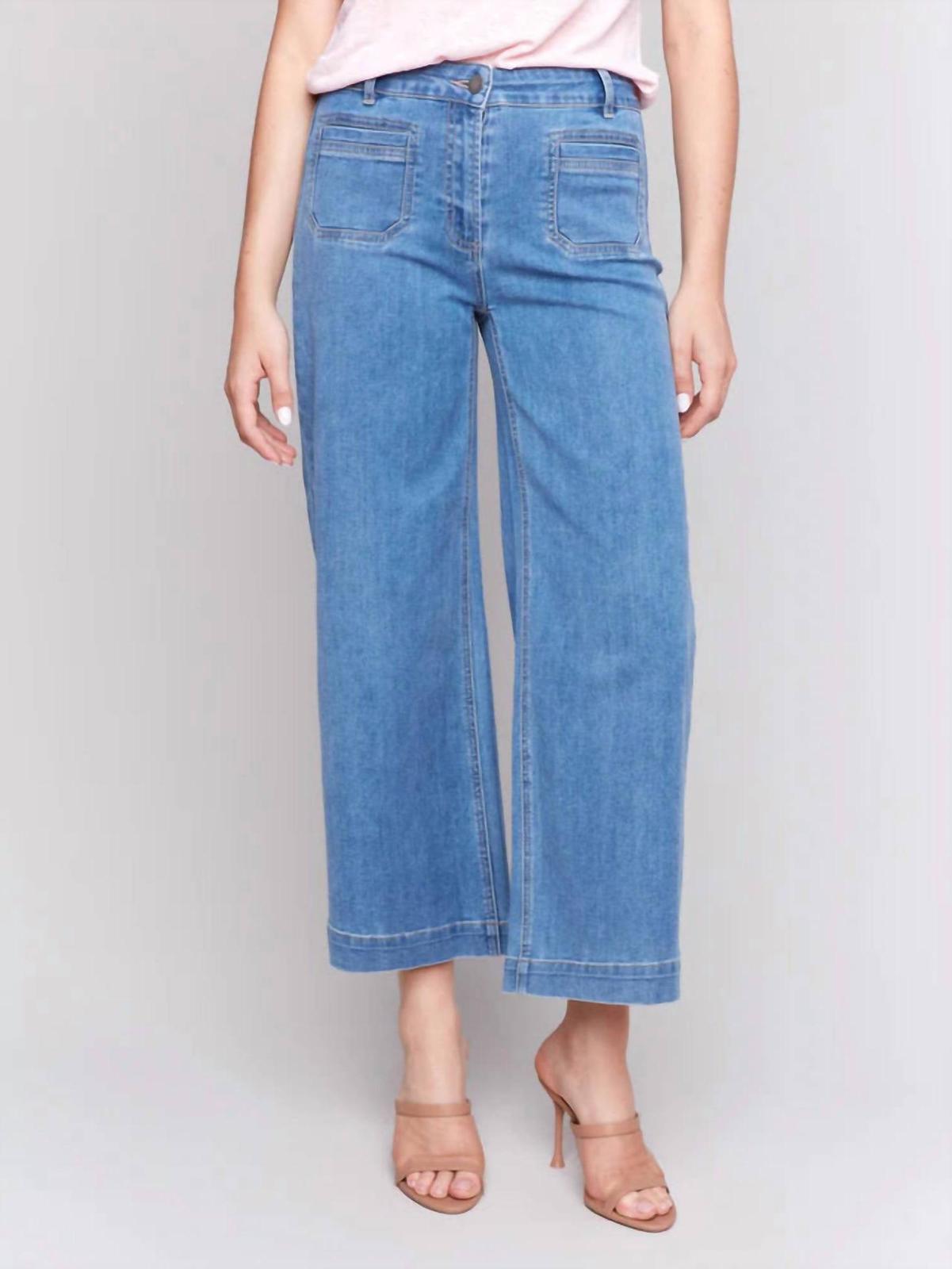 Charlie B Mid-Rise Cropped Flare Patch Pocket Pant Blue Jean - $54.00