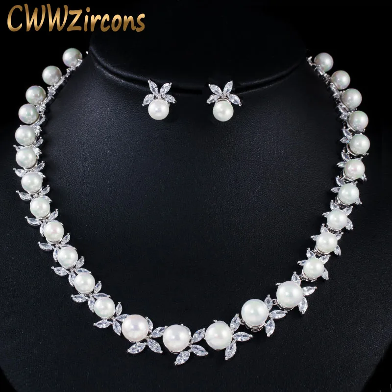 Shiny Cubic Zirconia Paved Round Big Pearl Bridal Wedding Party Necklace Earring - £46.70 GBP