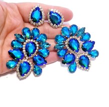 Rhinestone PIERCED Earrings, Chandelier Drop Earrings, Blue Vitrail Pageant Earr - £37.71 GBP