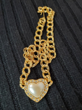 Vintage Avon Double Link Chain Pearl Heart Pendant Necklace Goldtone Rhinestones - $19.75