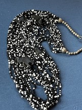 Long Multistrand Tiny Black &amp; White w Carved Wood Elephant Bead Necklace – short - £13.09 GBP