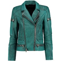 Women’s Designer Outfit Diamond Quilted Moto Teal Leather Jacket - All S... - £102.71 GBP