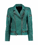 Women’s Designer Outfit Diamond Quilted Moto Teal Leather Jacket - All S... - $129.99