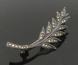 925 Sterling Silver - Vintage Marcasite Floral Leaf Feather Brooch Pin - BP9299 - £27.45 GBP