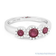 0.54ct Round Cut Red Ruby &amp; Diamond Pave Three-Stone Halo Ring in 14k White Gold - £610.81 GBP