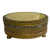 Openwork Brass Powder Box Round Antique Glass, Mirrored Top Jewelry Trinket - $39.26