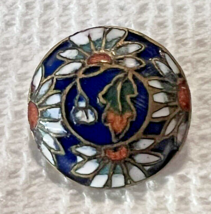 Antique Daisys on Cobalt Floral Enamel Button 5/8"  Detailed Colorful - $24.26