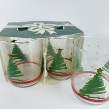 3 Libbey Christmas Tree Drinking Glasses Green Gold Stars Red Stripe In Holder - £11.30 GBP