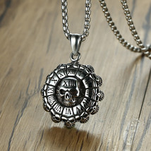 Mens Unisex Round Skull Roman Numeral Pendant Necklace Stainless Steel Chain 24" - £9.48 GBP