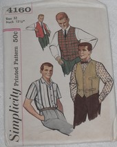 Simplicity Pattern 4160 Young Men&#39;s Shirt, Vest &amp; Reversible Vest Size 32 Vtg  - £6.79 GBP