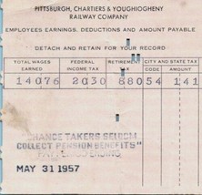 Vintage Pittsburgh Chartiers Youghiogheny Railroad Company Employee Paystub 18 - £10.35 GBP