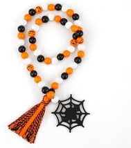 Halloween Wood Bead Garland with Tassels Spiderweb Farmhouse Beads Decor Natural - $18.88