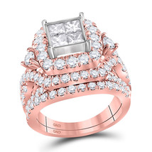 14kt Rose Gold Princess Diamond Cluster Bridal Wedding Engagement Ring Set - £3,595.50 GBP