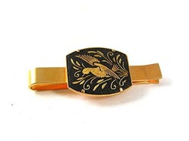 Vintage Goldtone &amp; Black Damascene Bird Tie Clasp MADE IN SPAIN 6317 - £27.24 GBP