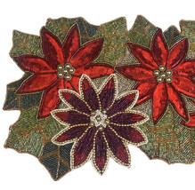 Christmas Red Poinsettia Table Runner Fully Beaded 36x13&quot; Holiday Winter - £55.42 GBP