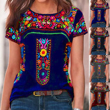  Womens Boho Printed Short Sleeve T-Shirt Tops Ladies Summer Casual Loos... - $20.19