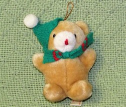VINTAGE FUN WORLD CHRISTMAS TEDDY BEAR PLUSH ORNAMENT 4.5&quot; TAN WAFFLE KN... - $13.50