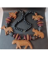 Wood Bead Safari Tribal Wild Animal Carved Earthtone &amp; Black 32&quot; Necklace  - $35.14